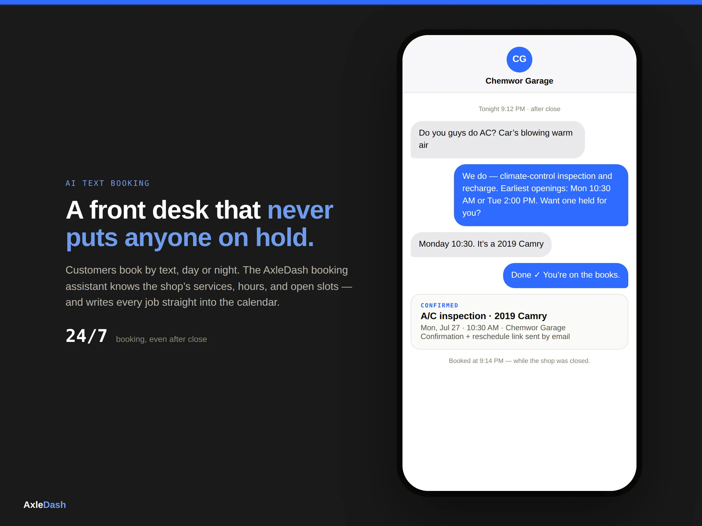 An AxleDash AI two-way text conversation booking a repair job onto the shop calendar.