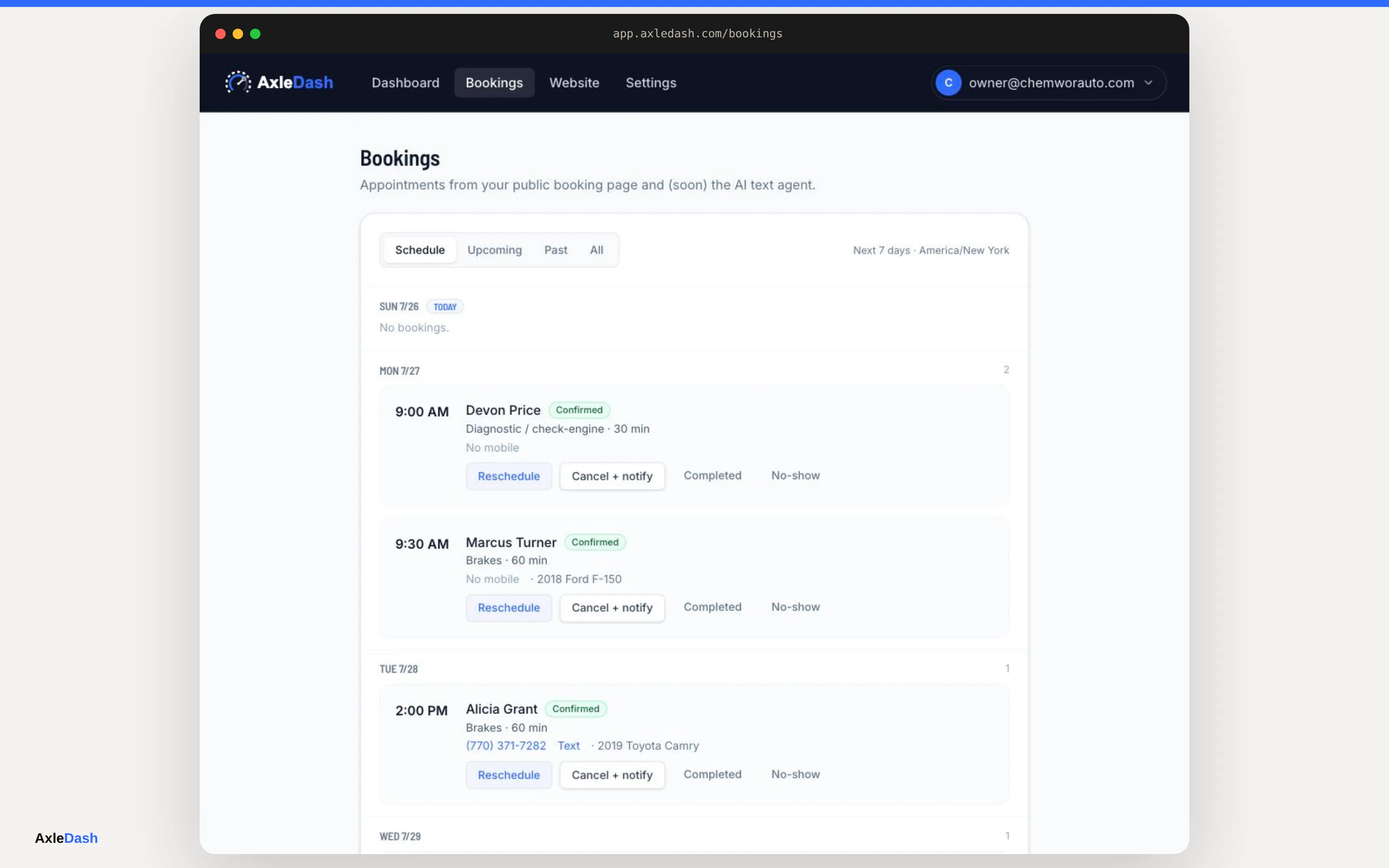 The AxleDash owner Bookings page showing the schedule with reschedule and cancel actions.