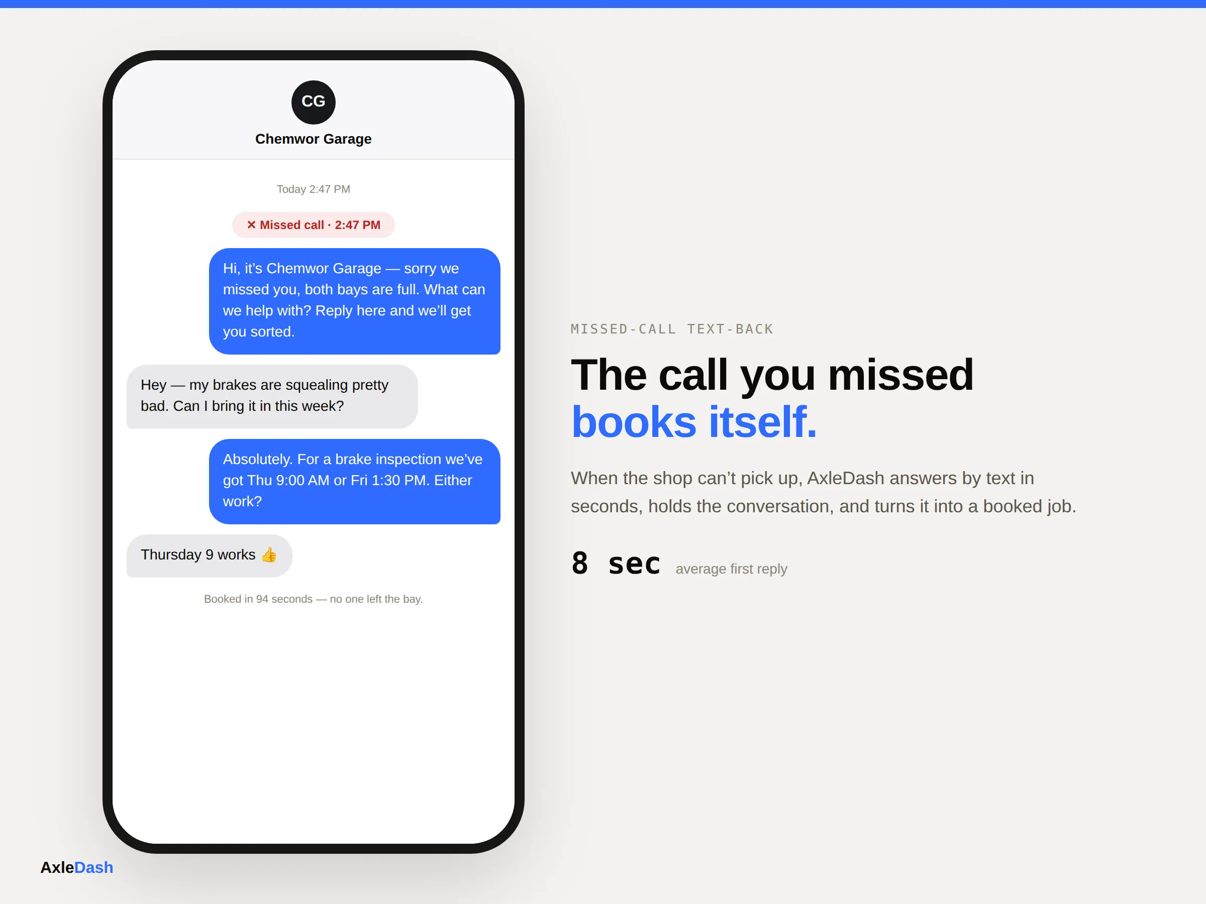 An AxleDash missed-call text-back conversation replying to a caller who reached voicemail and booking the job.