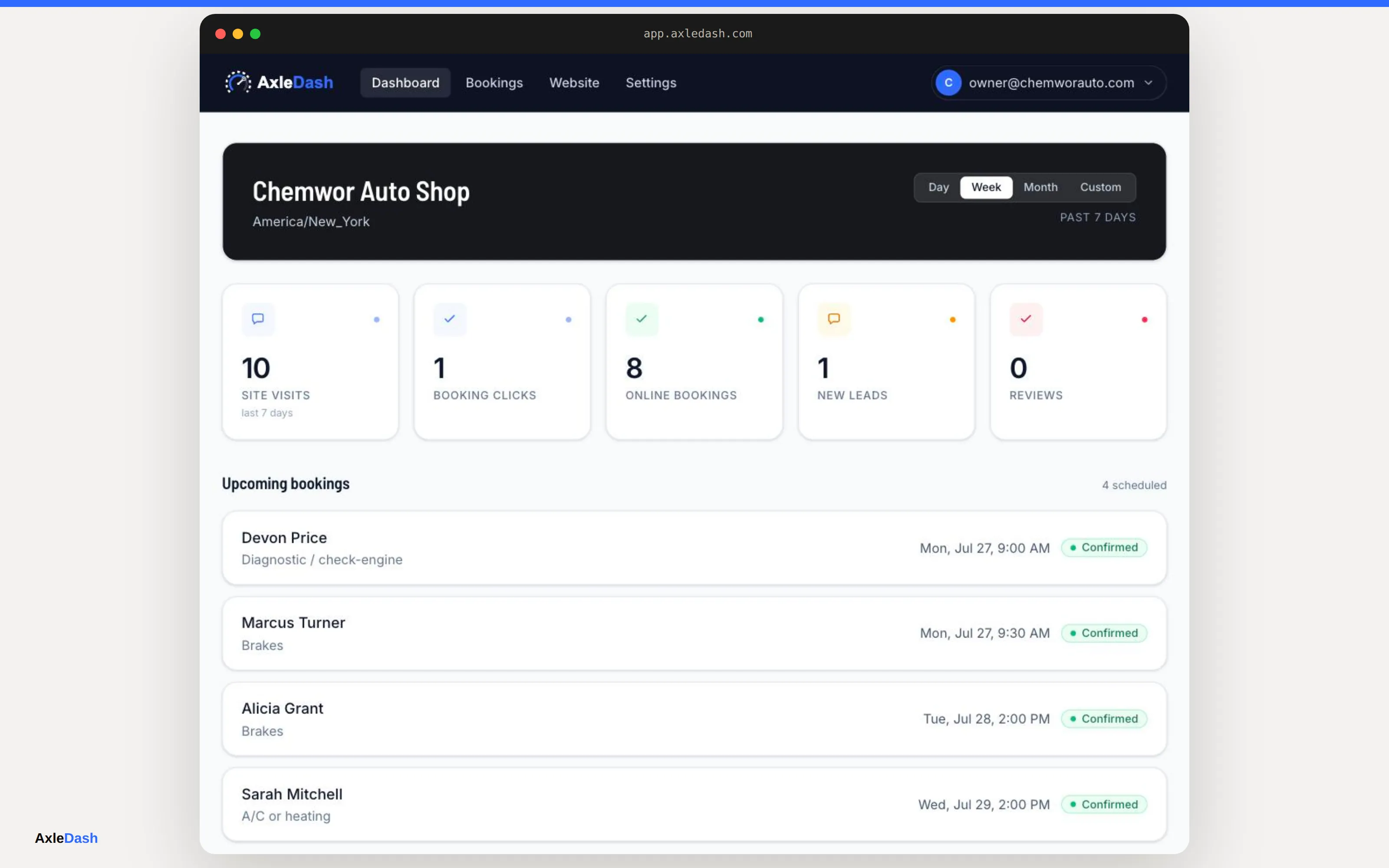 The AxleDash owner dashboard showing shop stats and upcoming bookings.