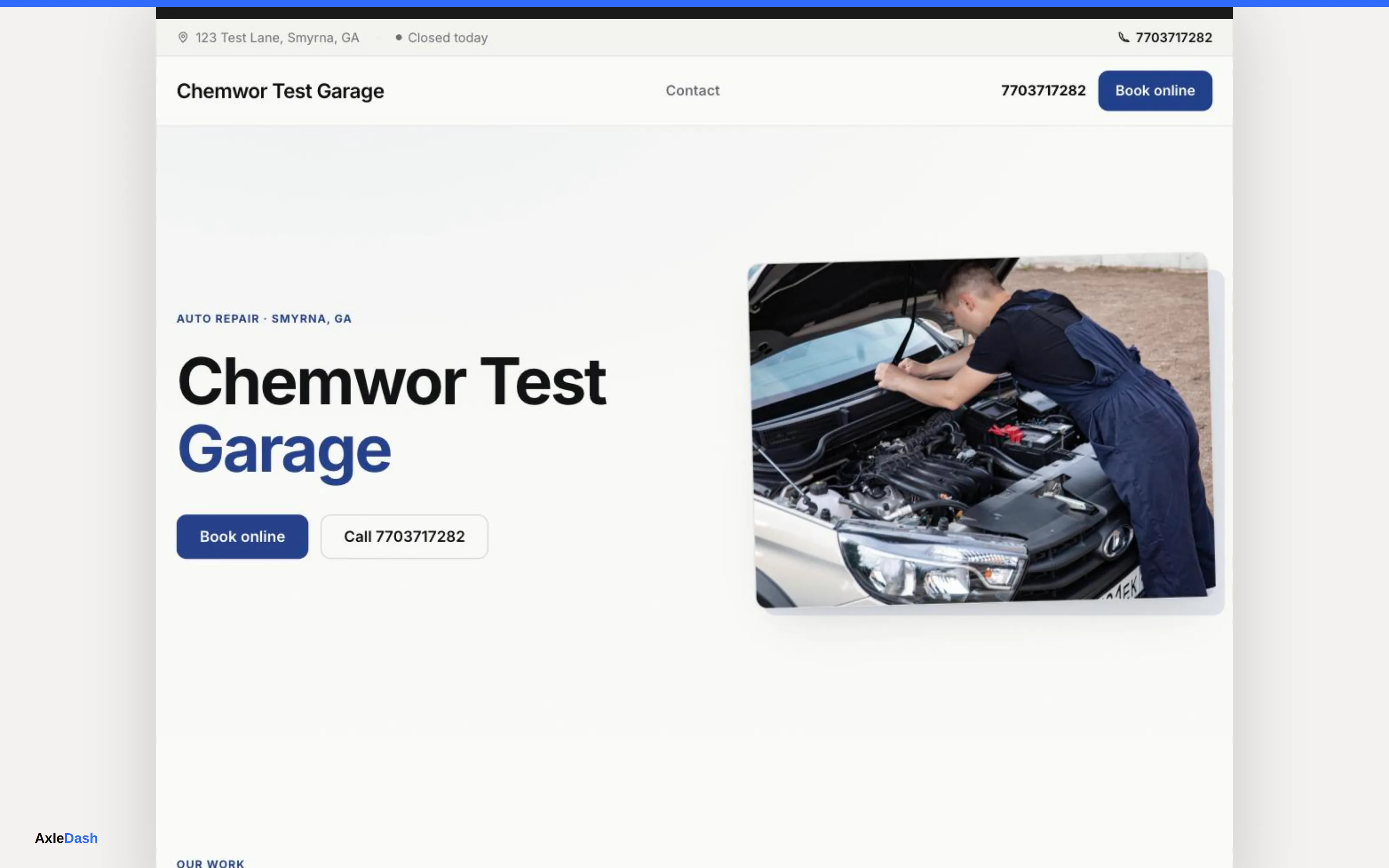 A professional AxleDash-built website for an independent auto repair shop, with services, reviews, and a book-now button.