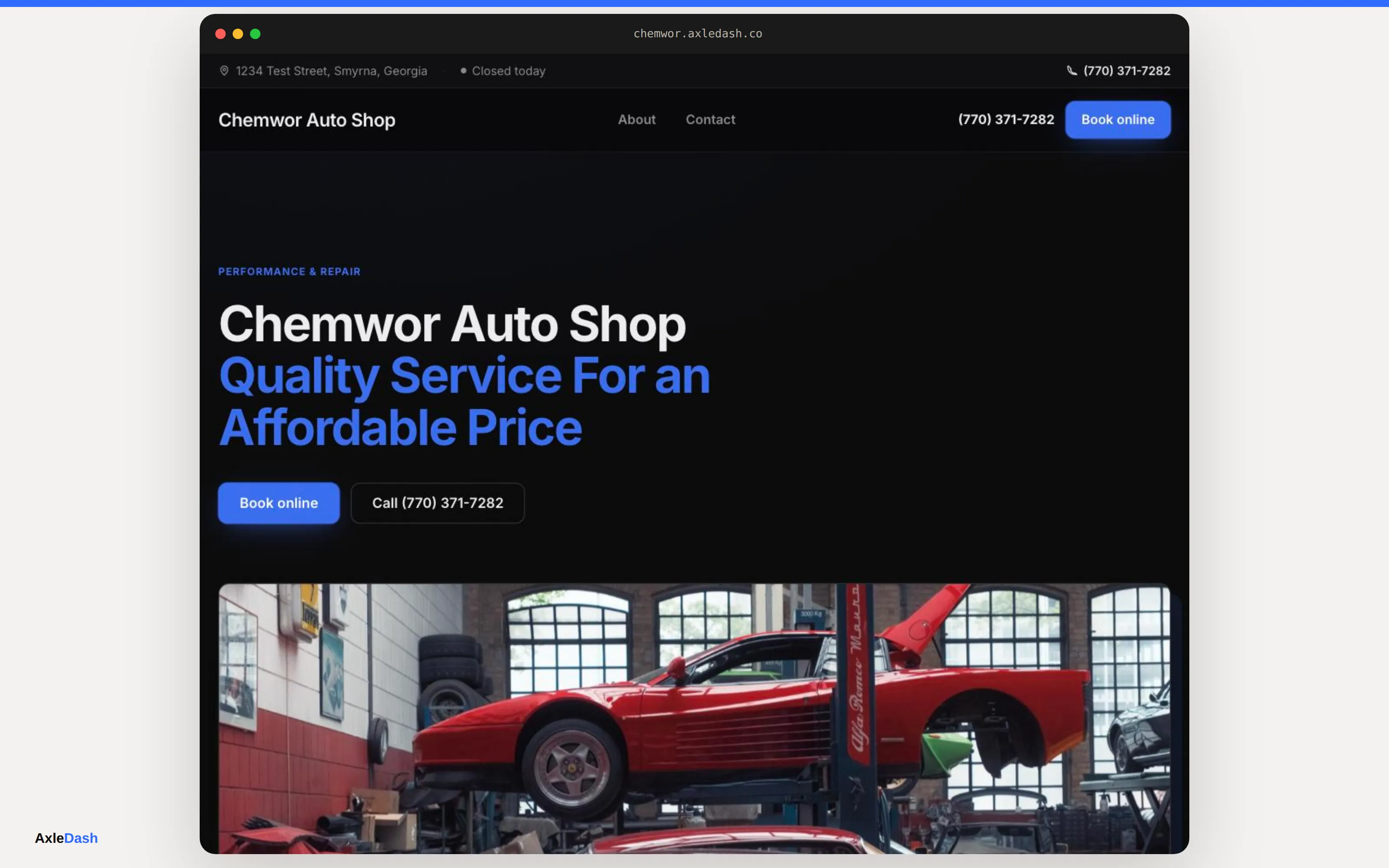 A live AxleDash customer shop website in a browser, built from an auto-repair template.